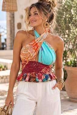 NWT Anthropologie XS Love The Label Patchwork Halter Top Boho Peplum Cotton